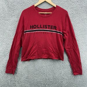 HOLLISTER California Women's M Red‎ Cropped Crew Neck Long Sleeve Logo T-Shirt